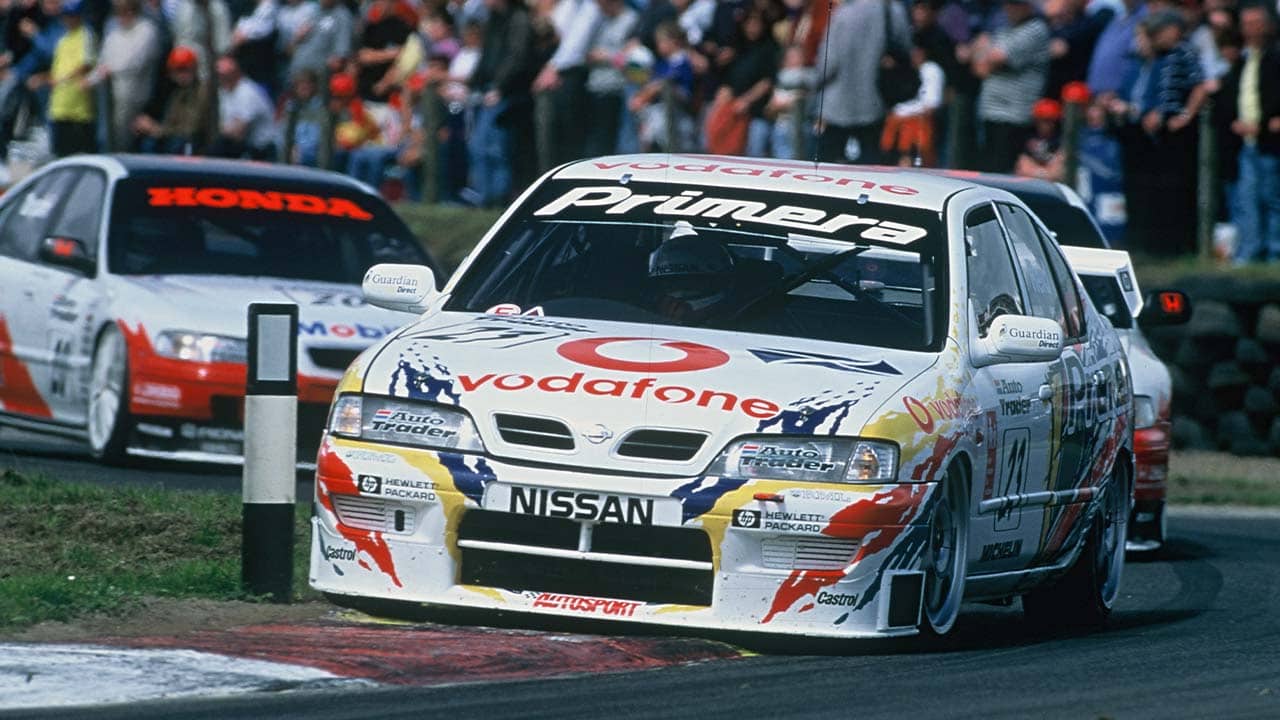 Nissan Primera GT racing at the British Touring Car Championships, on track