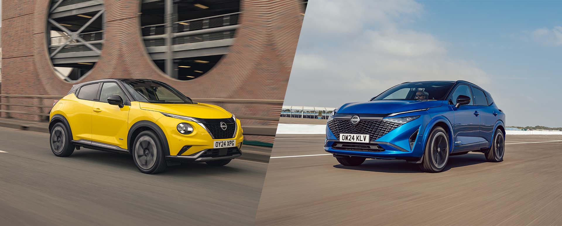 Yellow Nissan Juke and Blue Nissan Qashqai Exterior Driving
