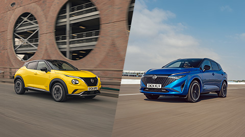 Yellow Nissan Juke and Blue Nissan Qashqai Exterior Driving