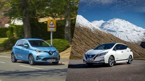 Blue Renault ZOE and white Nissan LEAF