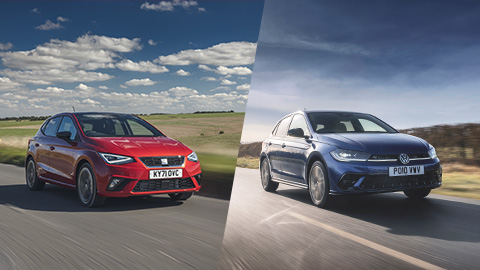 Red SEAT Ibiza and Blue Volkswagen Polo Driving in Countryside