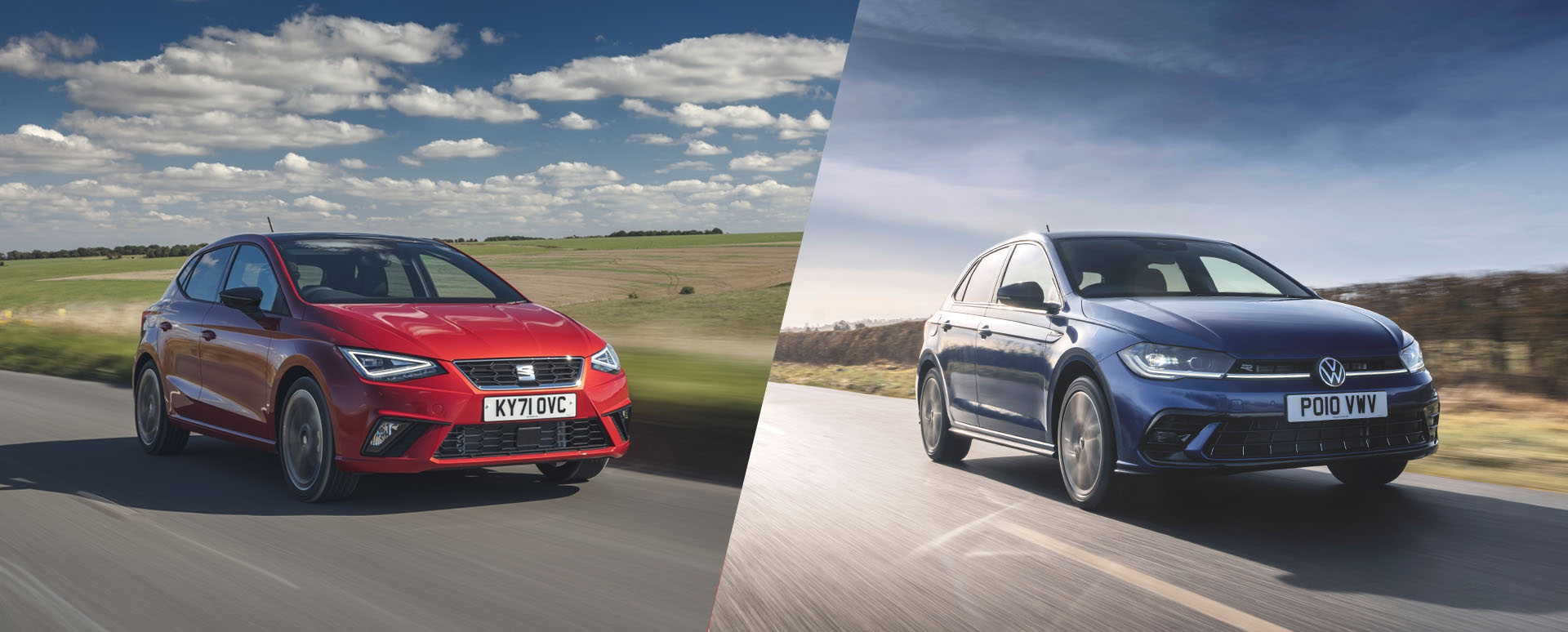Red SEAT Ibiza and Blue Volkswagen Polo Driving in Countryside