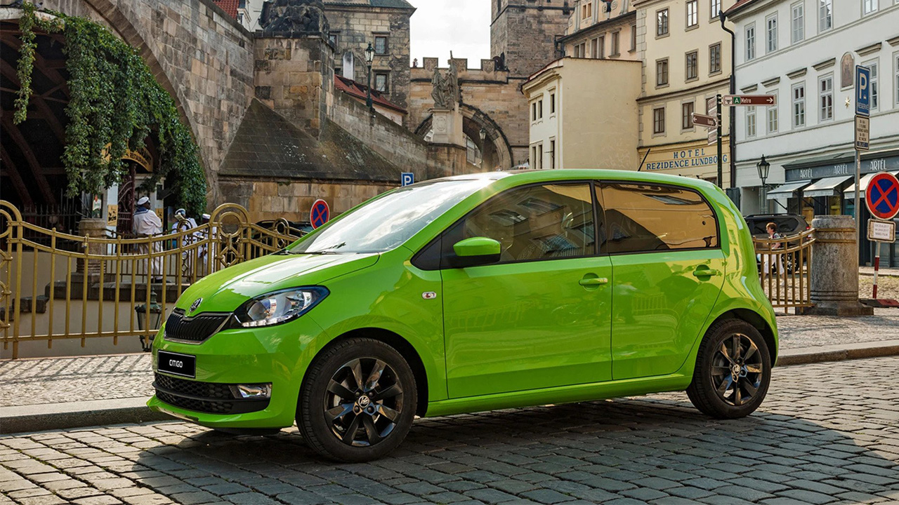 Green Skoda Citigo, parked