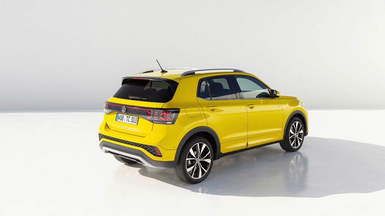 Yellow Volkswagen T-cross rear angle