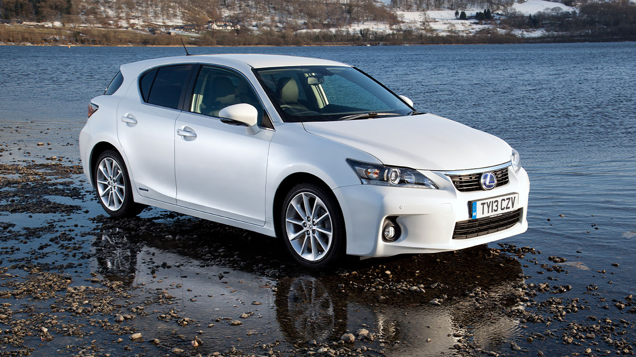 White Lexus CT200h, parked in water