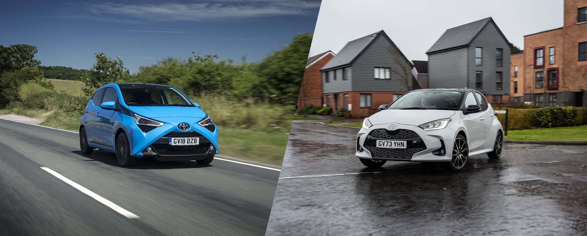 Blue Toyota Aygo Driving Countryside and White Toyota Yaris Static Outside House