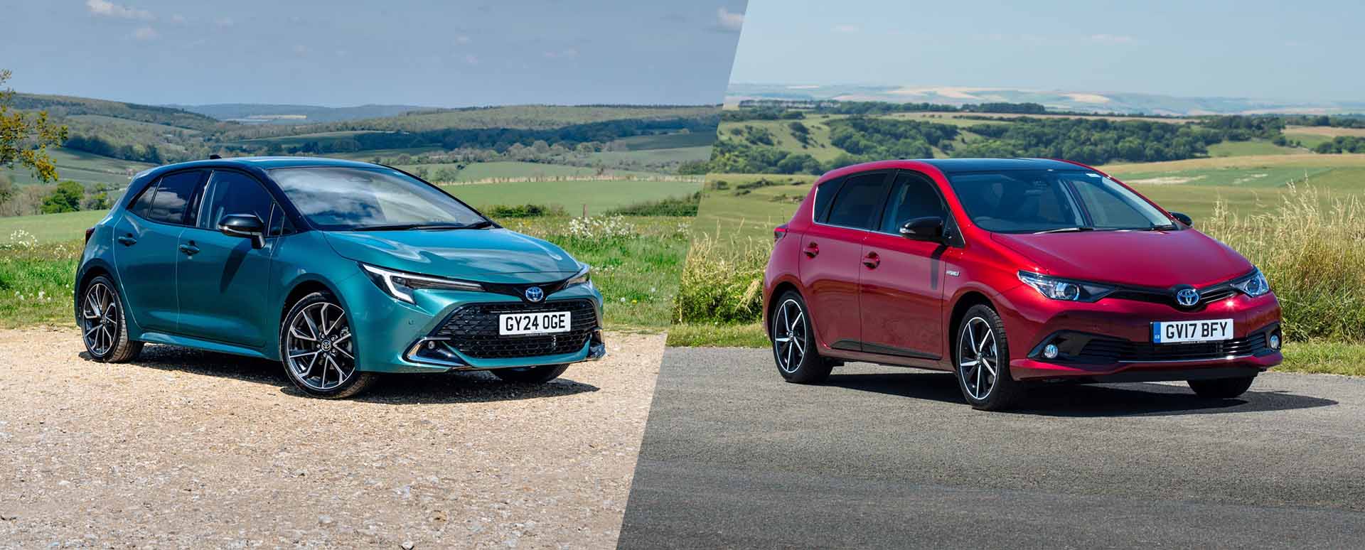 Blue Toyota Corolla and Red Toyota Auris Static