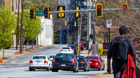 Several vehicles stopped at traffic lights