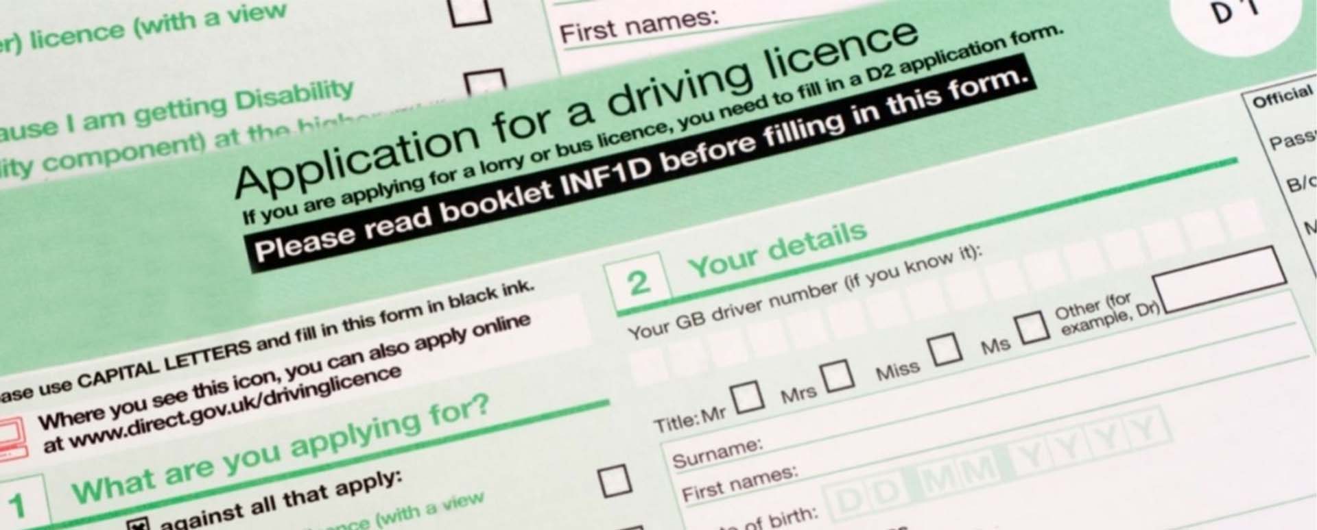 Close up of a UK driving licence application