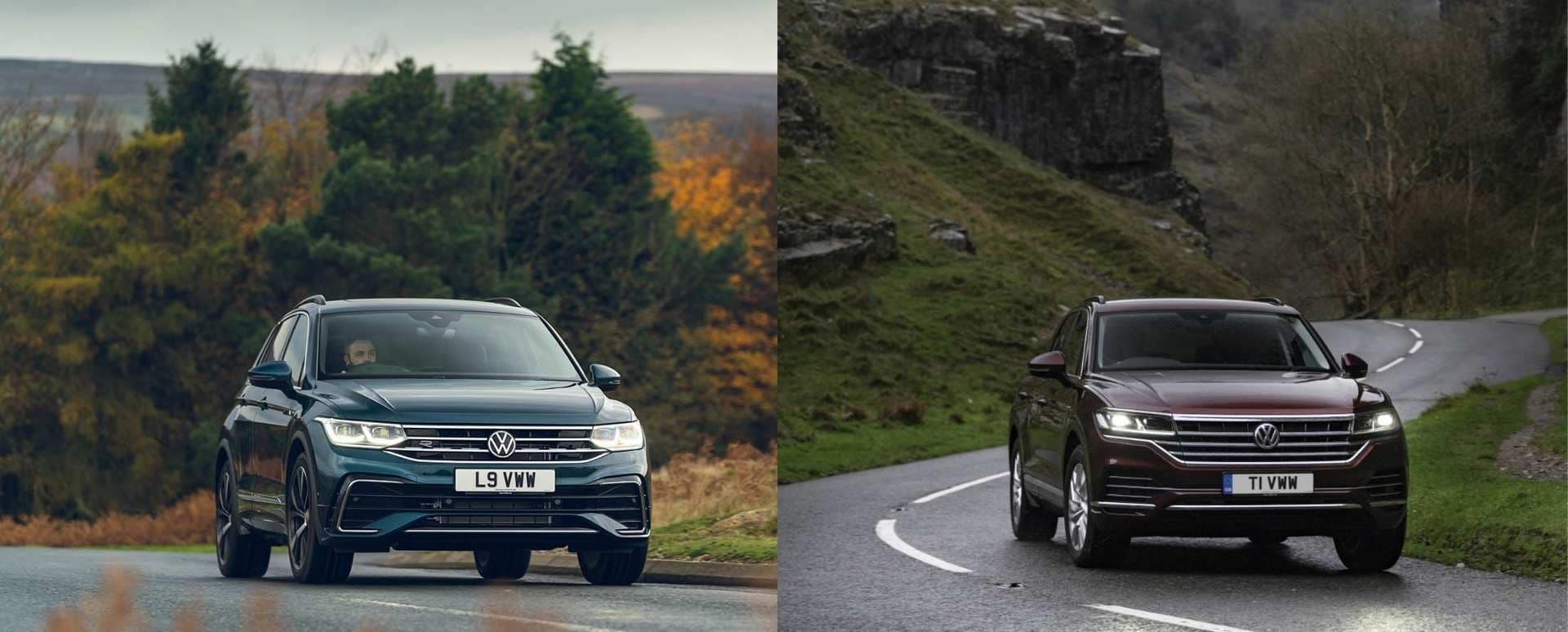 Dark blue Volkswagen Tiguan and burgundy Volkswagen Touareg driving in the country side