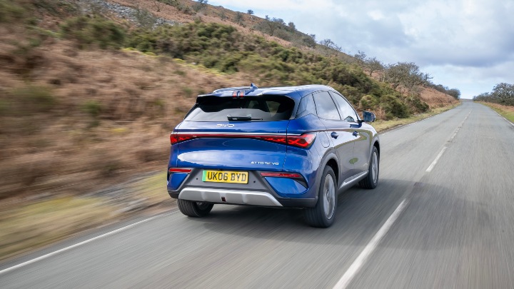 BYD ATTO 3 EVO Blue driving rear