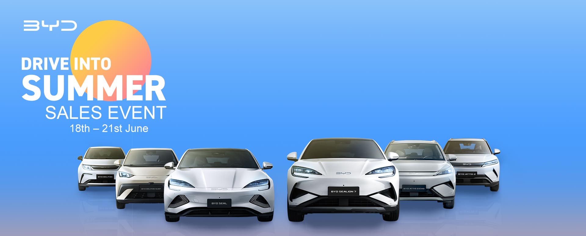 Two line-ups of white BYD cars on a blue gradient background. White promotional text overlay.