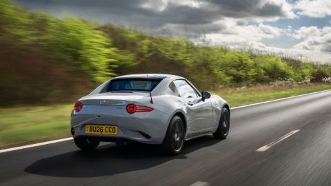 Grey Mazda MX-5 RF Exterior Rear Driving in Countryside