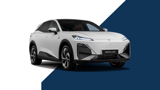 White Changan Deepal S07 Exterior Front on White and Blue Background