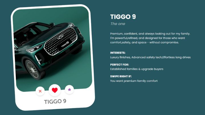 A green Chery Tiggo 9 vehicle in the style of a match-making app