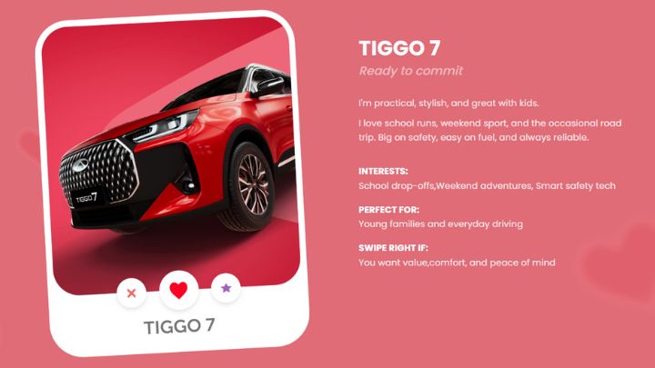 A red Chery Tiggo 7 vehicle in the style of a match-making app