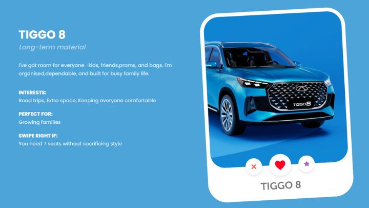 A blue Chery Tiggo 8 vehicle in the style of a match-making app