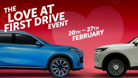 Two Chery cars, blue and white, with a red Valentine-style background