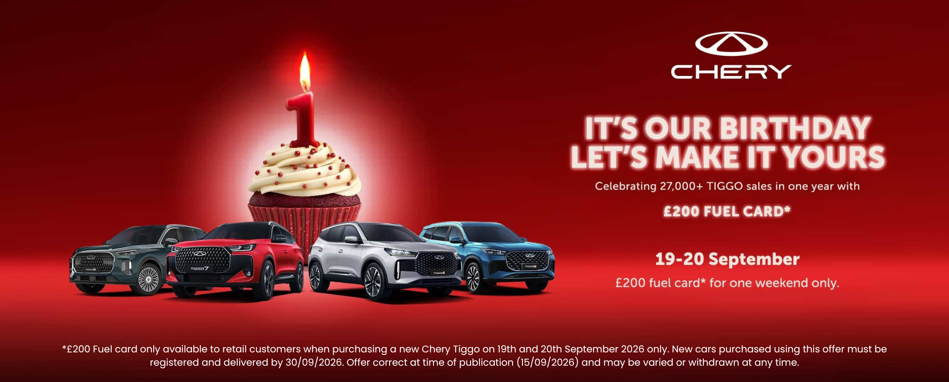 4 Chery vehicles on red backdrop. Large cupcake with a number 1 candle in the background. Promotional text overlay.