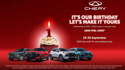 4 Chery vehicles on red backdrop. Large cupcake with a number 1 candle in the background. Promotional text overlay.