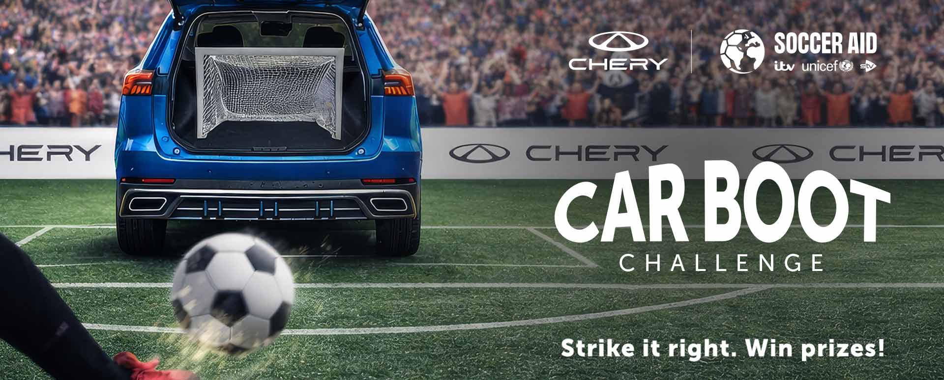 Football Flying Towards Chery Vehicle With Boot Open on Football Pitch