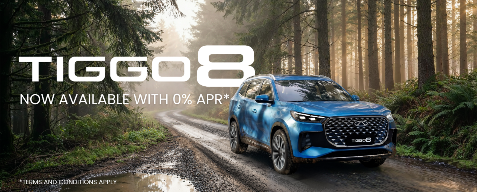 Blue Chery Tiggo 8 Driving Down Muddy Road 