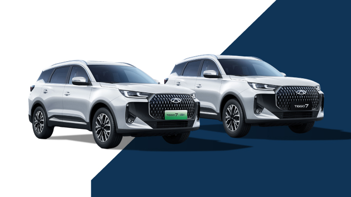 Two Light Grey Chery Models with Split Blue and White Background