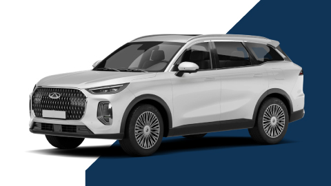 Light Grey Chery Tiggo 9 with Split Blue and White Background