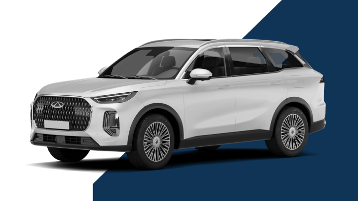 Light Grey Chery Tiggo 9 with Split Blue and White Background