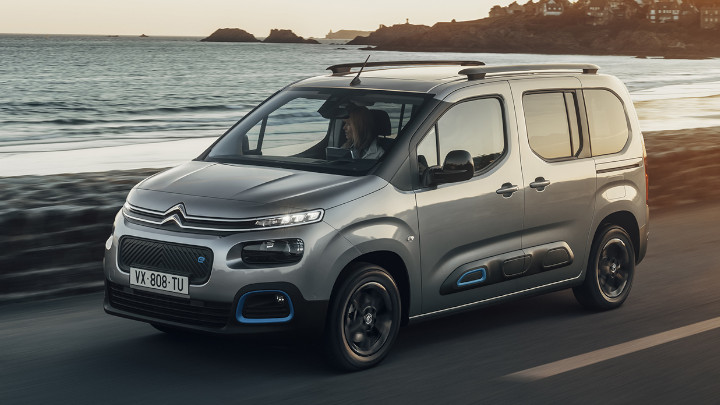 Grey Citroen E-Berlingo Driving Exterior Front