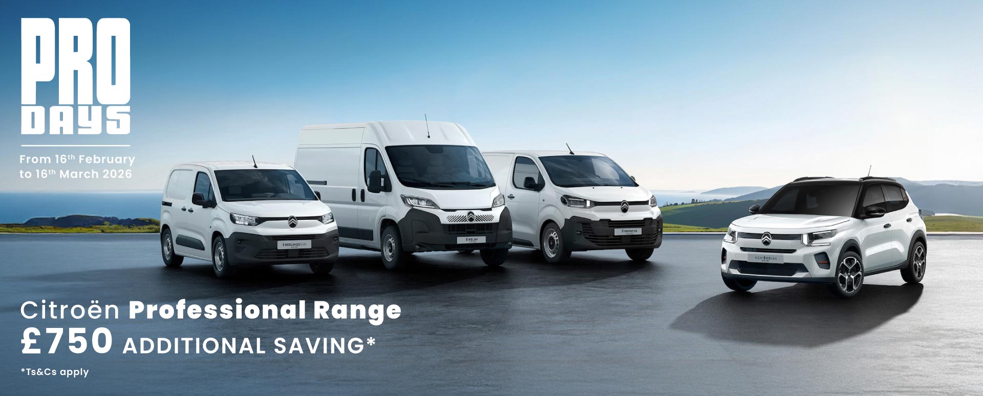 Three White Citroen Vans and One White Citroen SUV Static with Pro Days Messaging 