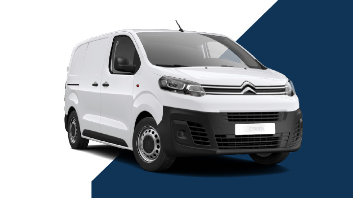 White Citroen Dispatch Exterior Front on White and Blue Background