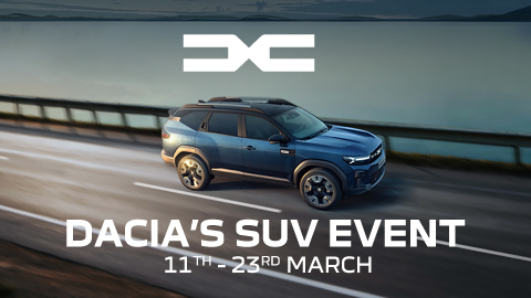 Blue Dacia SUV Driving Across a Bridge With Dates Along Bottom