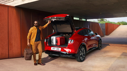 Red Mustang Mach-E Exterior Rear Lifestyle