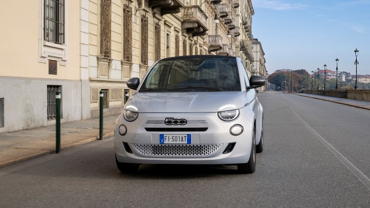 Fiat 500 hybrid silver driving