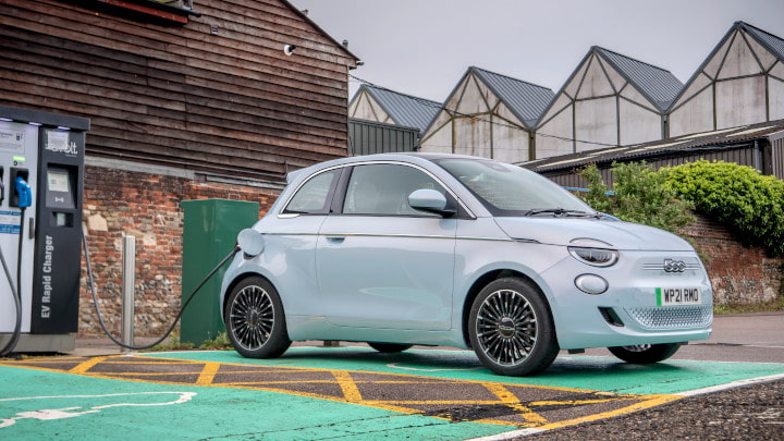Blue Fiat 500e Charging
