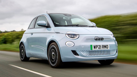 Blue Fiat 500e Front Driving