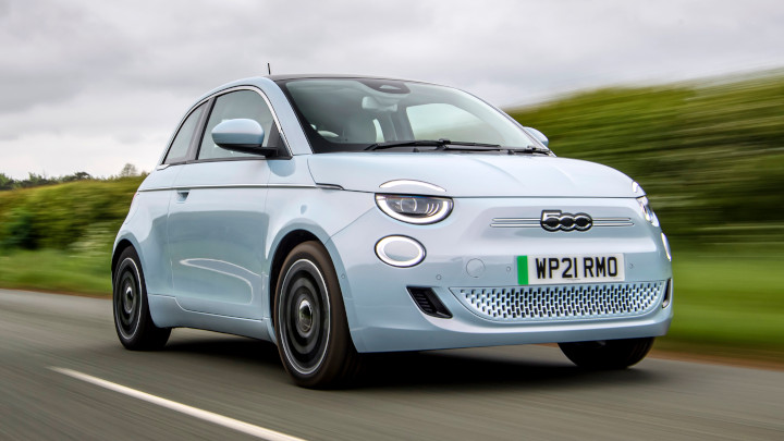 Blue Fiat 500e Front Driving