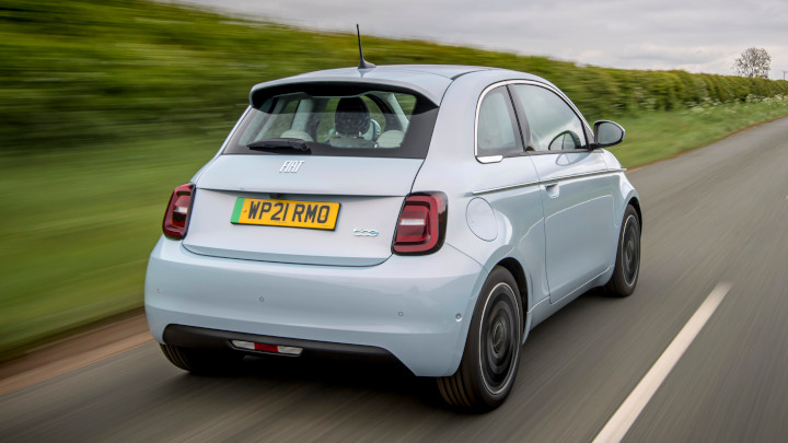 Blue Fiat 500e Rear Driving
