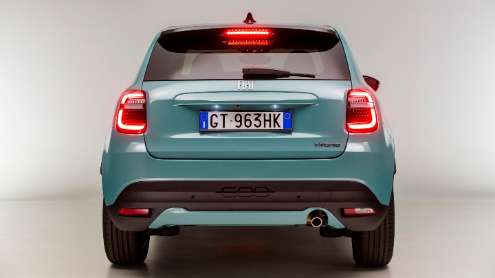 Exterior Rear of Blue Fiat 600e in Studio