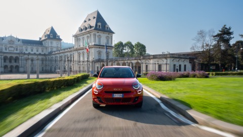 Red Fiat 600e Exterior Front Outside Manor House