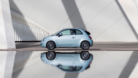 Blue Fiat 500 Convertible Exterior Static Side Reflecting on Water