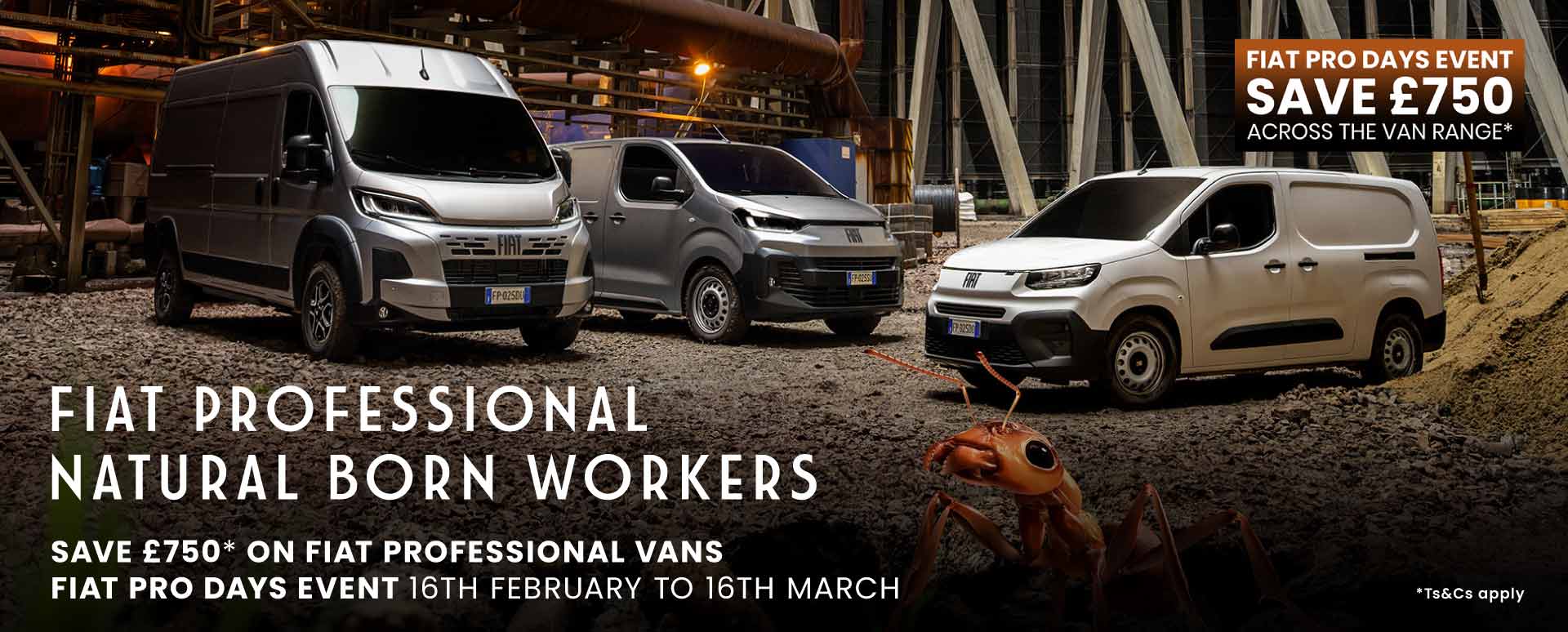 Three Fiat vans parked in an industrial setting
