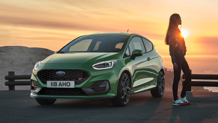 Green Ford Fiesta ST, front lifestyle shot