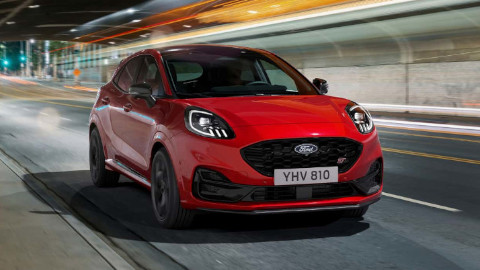Red Ford Puma ST Mild Hybrid Front Driving On Road