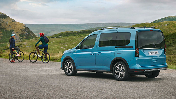 Blue Ford Tourneo Connect, rear lifestyle shot
