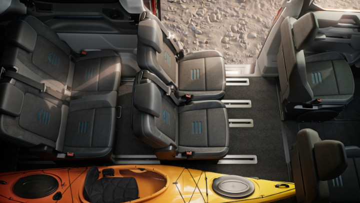 Aerial View of the Ford Tourneo Custom Interior in Six-Seat Setup with Canoe