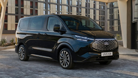 Black Ford Tourneo Custom Exterior Front in Urban Area
