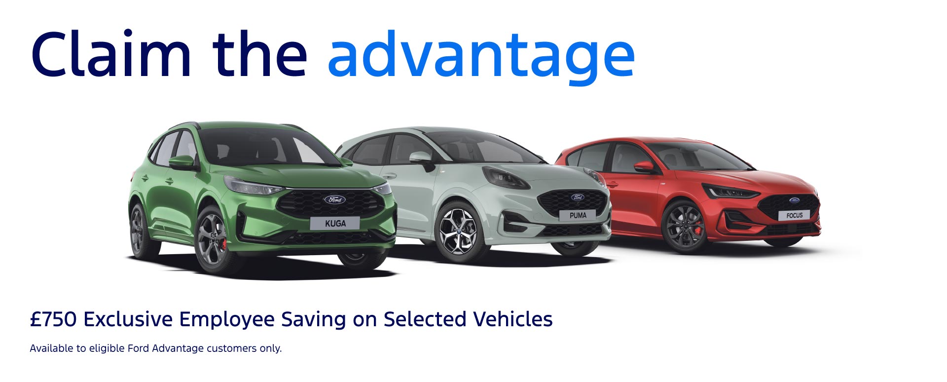Range of varied coloured Ford cars lined up on a white background
