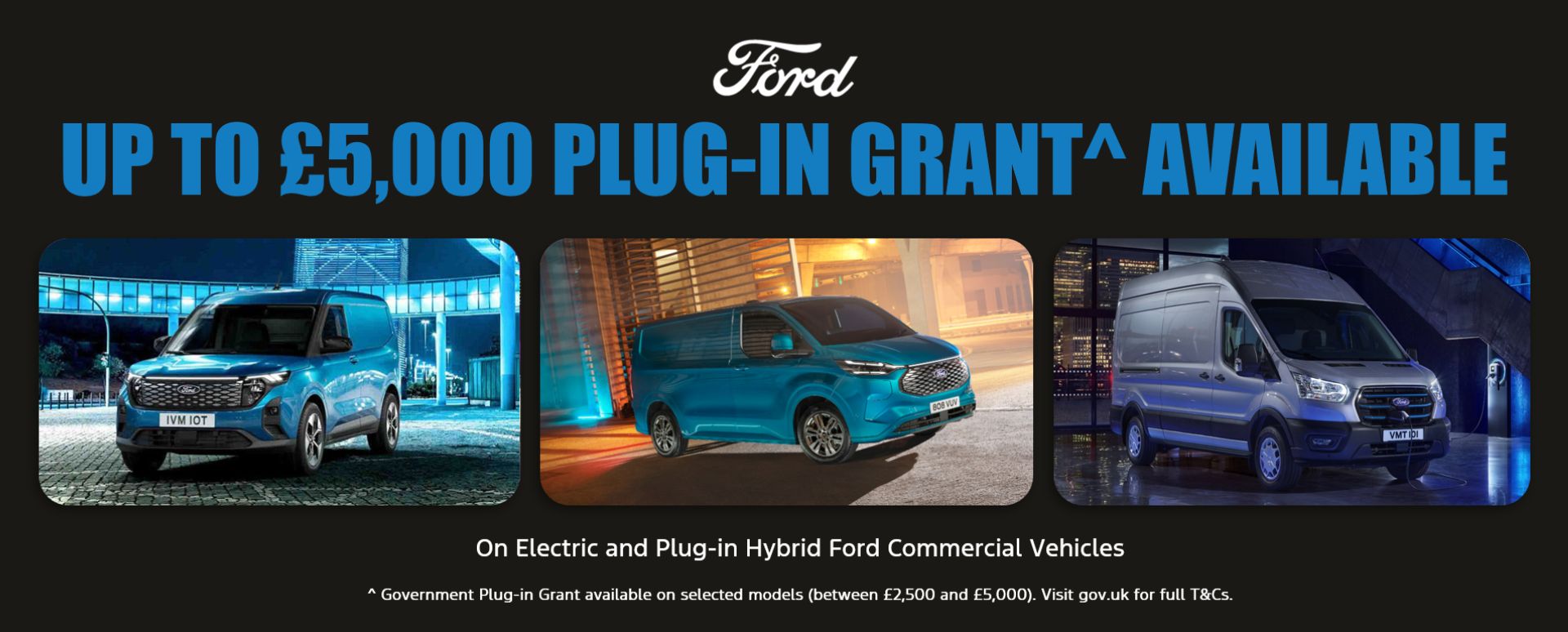 Ford plug-in grant promo title with 3 Ford vans below